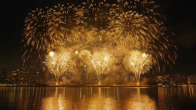 Golden fireworks explode brilliantly over a dark city skyline and water at night during a festive celebration
