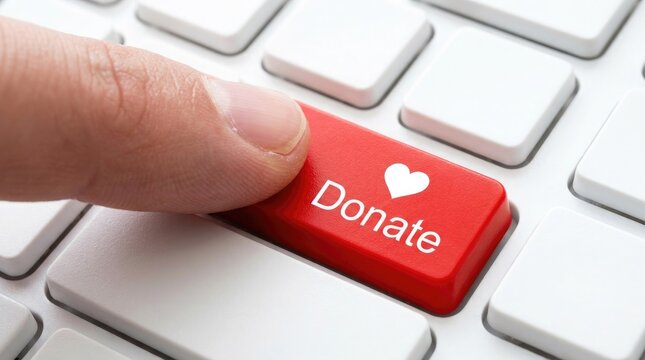 Finger pressing a red donate button with a white heart on a computer keyboard