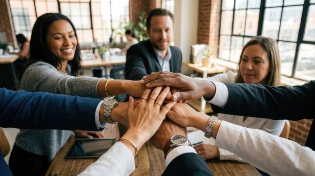 Diverse group of coworkers collaborating and celebrating success with a team hand stack indoors