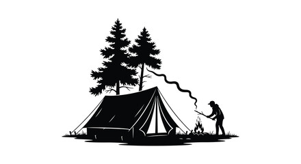 Camping scene with tent and trees is a black silhouette © MDABDUL
