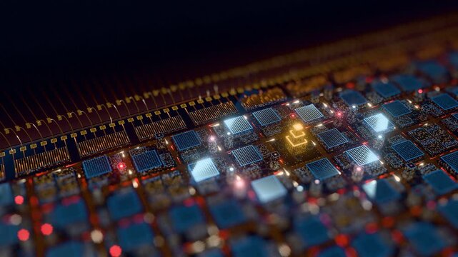 Glowing AI microchip as a miniature night city with data pulses spreading from a golden core tower, tilt-shift technology background, seamless loop