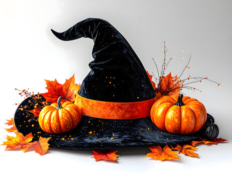 A mystical witch hat adorned with vibrant autumn leaves and ripe pumpkins, evokes the enchanting spirit of Halloween celebrations and harvest festivities.