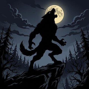 Dramatic Halloween vector illustration featuring a roaring werewolf silhouette perched on a rocky cliff under a glowing full moon and dark clouds.
