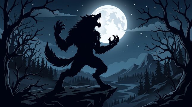 Spooky Halloween vector illustration of a howling werewolf silhouette standing on a cliff under a bright full moon in a mountain forest.