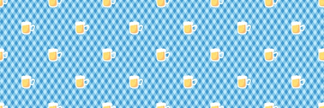 Seamless Oktoberfest pattern with frothy beer mugs on a blue and white Bavarian diamond checkered background.