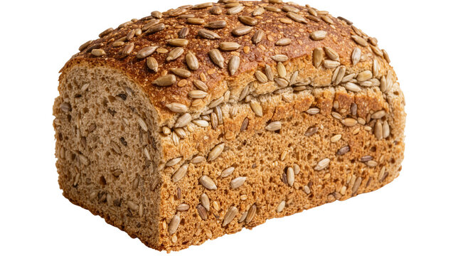 Whole grain rye bread loaf with sunflower seeds, isolated on transparent background