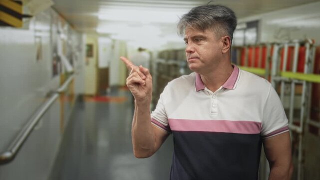 Man with finger to lips for silence in a service corridor of a building wearing a polo shirt and looking sideways; quiet reflection.