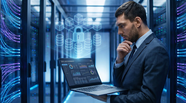 Data Lake Governance Dashboard on Laptop 
