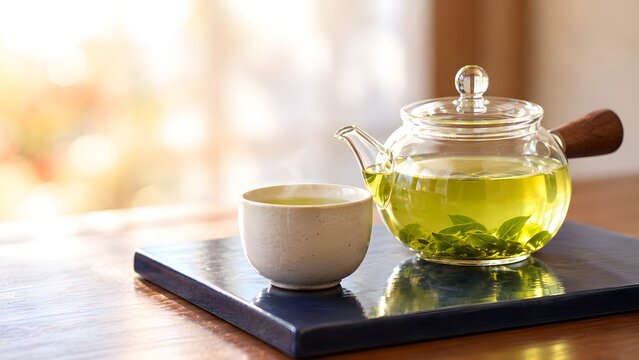 藍色の陶板に置いた耐熱ガラスの急須 光に透ける煎茶と茶葉の秋の和室