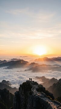 A tiny black couple silhouette stands on an expansive alpine meadow in Daocheng Yading beneath enormous crystal blue sky and monumental snow covered mountains landscape

