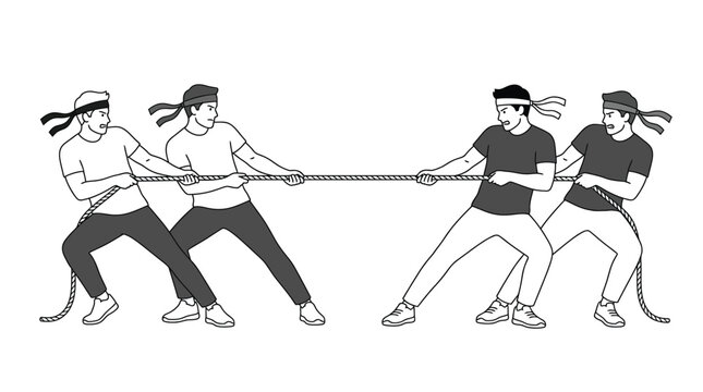 Competitive teams pulling rope in a forceful tug of war contest during corporate team building event
