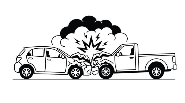 Car accident collision involving vehicle smash impact graphic illustration with black and white outlines