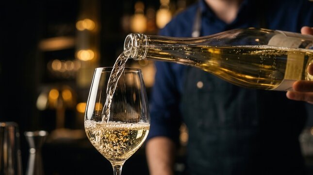 Indoors closeup of white wine being poured from a bottle into a glass by a bartender, featuring space for text.