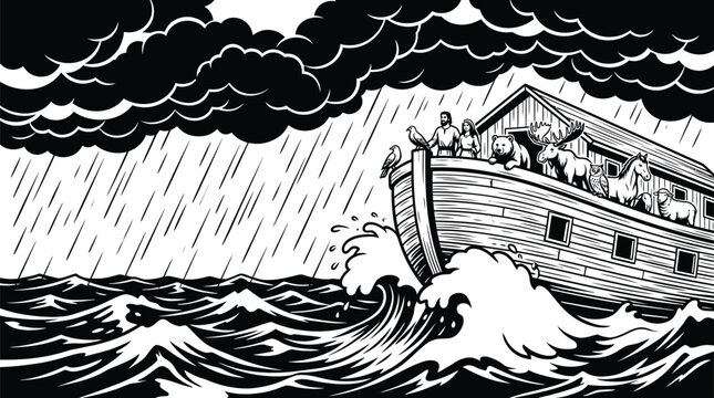 Noah ark navigating stormy seas with various animals and dark threatening clouds above