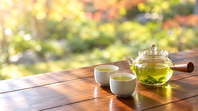 縁側で楽しむ耐熱ガラスの急須と煎茶 庭の緑がやわらかくぼける秋の午後