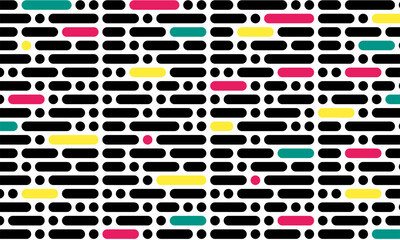 Abstract Minimalist Geometric Pattern of Black and Colorful Rounded Dashes and Dots on White Backdrop © Rudi