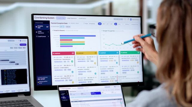 Bank Manager Reviews Customer Accounts On Computer