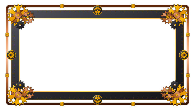 Steampunk style decorative frame border with brass gears and cogs