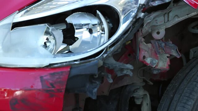 Damaged Car with Broken Headlight After Road Accident. Close-up of a damaged car with broken headlight and bumper after a road accident.