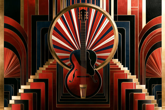 Art deco illustration of an acoustic guitar framed by bold red black and gold geometric patterns art