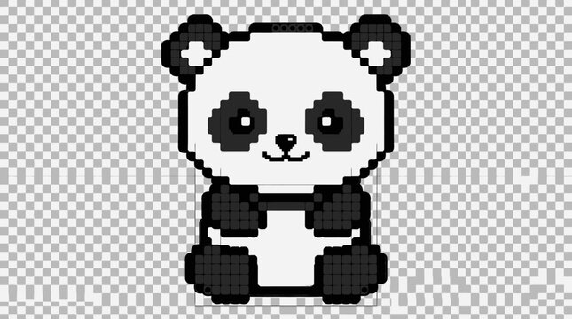 Cute pixel art panda bear sitting, retro 8-bit game style, transparent background.