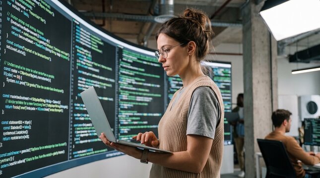 Female Software Engineer Holding Laptop in Front of Screen with Code   