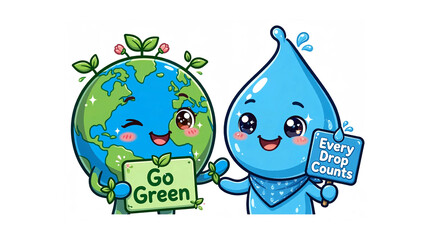 Fototapeta premium Dynamic Eco Earth And Water Drop Mascots Action On White Background