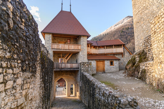 Inner gatehouse tower with wooden galleries at Žovnek Castle, restored medieval fortress, Braslovče, Savinja Valley, Slovenia