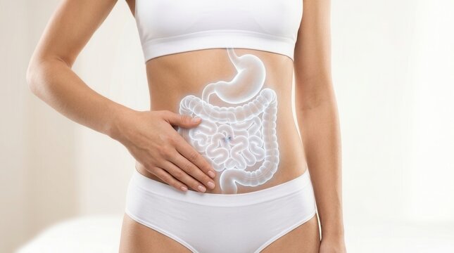 Illustration of the gastrointestinal tract on a woman with a healthy digestive system, closeup on a light background.