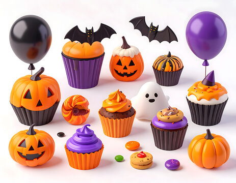 A festive collection of Halloween-themed cupcakes, candies, and decorations creates a whimsical and spooky celebration, perfect for any autumn gathering.