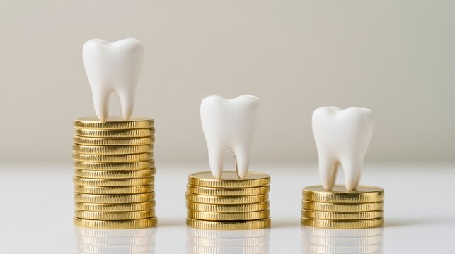 Three white teeth models placed on top of stacked golden coins of varying heights