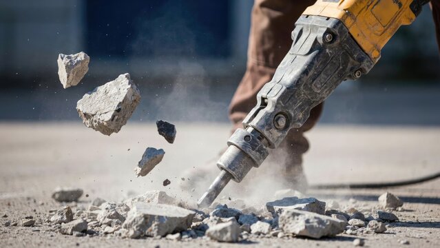 Close-up of a yellow jackhammer breaking concrete, with flying debris and dust particles suspended in the air during construction work