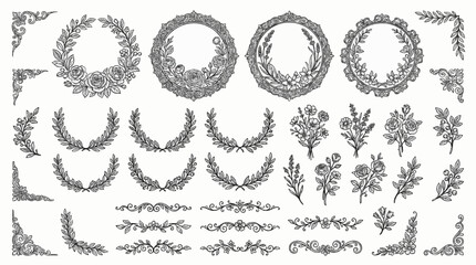 Fototapeta premium Large vector set of detailed circular floral frames, rose wreaths, bouquets, leafy dividers, and decorative corners in black and white