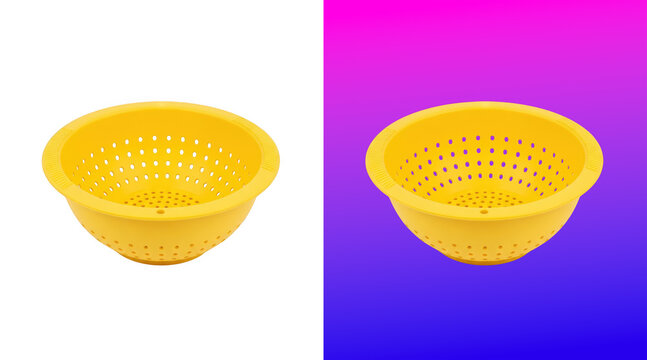 Yellow perforated plastic colander kitchenware