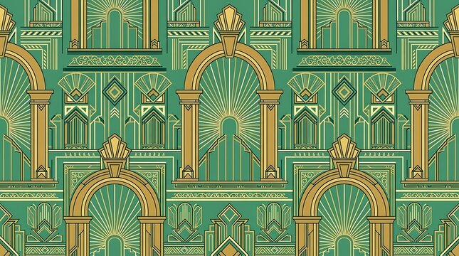 Seamless art deco pattern with golden arches and geometric architectural shapes in vintage green style