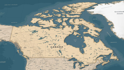 Detailed Geographic Map of Canada and North America, Beige and Blue Style © Porcupen