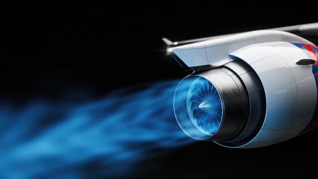 Close-up of a jet engine turbine in flight, emitting a bright blue exhaust flame against a solid black background