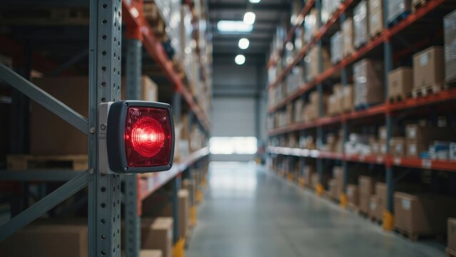 Close-up of a red emergency strobe light mounted on a metal warehouse rack, with blurred storage aisles in the background