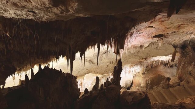 Nature view inside dark dragon cave. Tourist attraction: caves stalactites and stalagmites rock formations blue water lake river. town Porto Cristo Mallorca Spain. vertical video Cuevas del Drach.