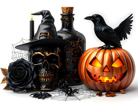 An eerie Halloween tableau featuring a carved jack-o'-lantern, a skeletal skull adorned with a witch's hat, a raven perched atop the pumpkin, a potion bottle, a lit candle, black roses.