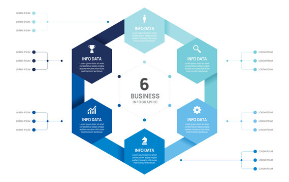 6 option hexagon business infographic chart template, presentation with icons elements vector illustration.