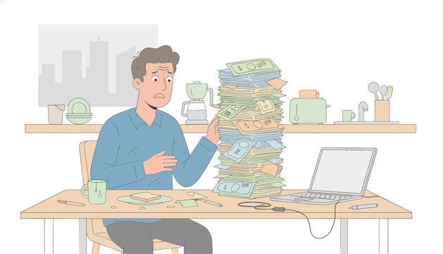Stressed man sits at a desk in his home kitchen feeling overwhelmed by a massive towering stack of money and bills next to his open laptop computer.
