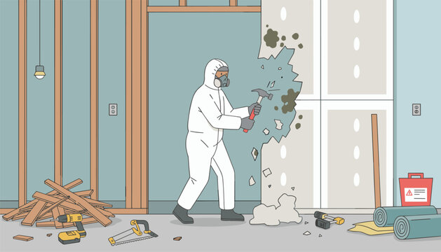 Person in a full white protective hazmat suit uses a hammer to demolish a moldy drywall section in an unfinished room under construction.