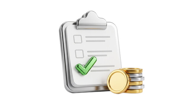 Clipboard checklist with approved checkmark icon and stacked gold coins representing financial success and completed business tasks