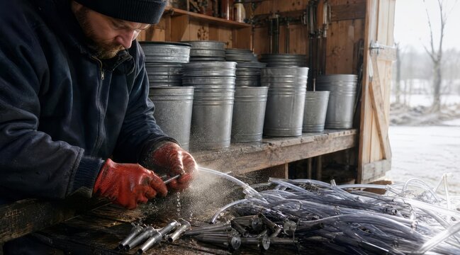Maple syrup farmer sanitizing taps inside rustic sugar shack