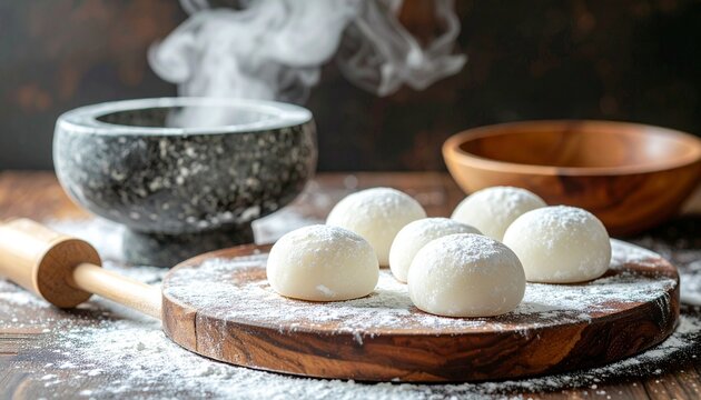 Round White Mochi with Wooden Mallet and Stone Mortar for Japanese New Year