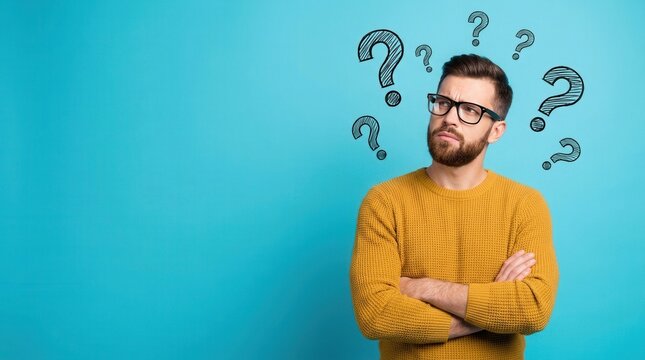 Man with glasses and yellow sweater appearing confused and seeking answers with floating question marks.