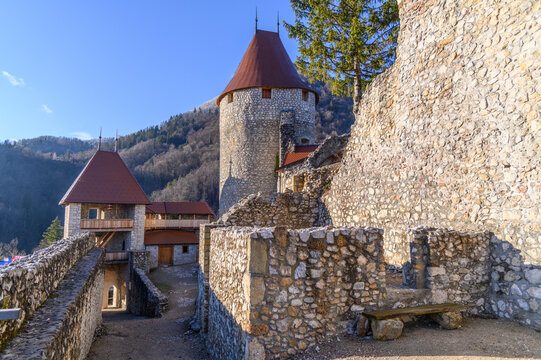 Žovnek Castle keep and gatehouse with wooden galleries seen from the ramparts, medieval castle, Braslovče, Slovenia