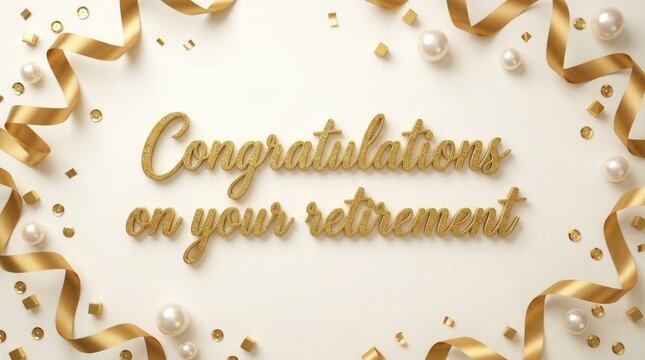 Creamy white retirement greeting card with sparkling golden glitter text, gold ribbons, and decorative white pearls.