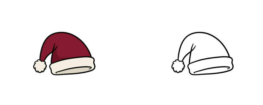Nightcap hat vector illustrations in flat colored red with white pompon and black line art styles warm sleeping cap accessory for night clothing on white background